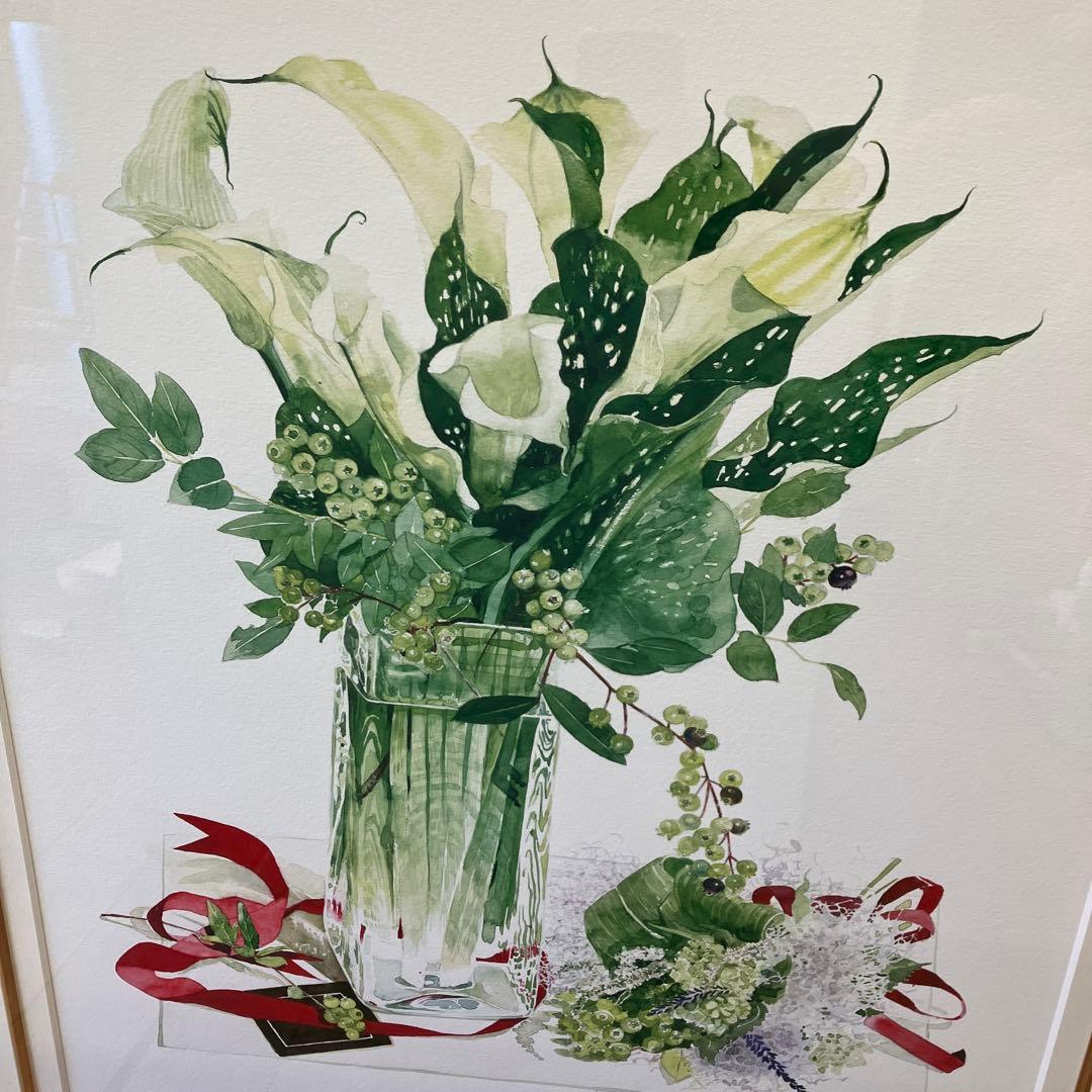 ブルーベリー リボン 花瓶 ガラス 複製画 琉球ガラス 植物 花イラスト 緑