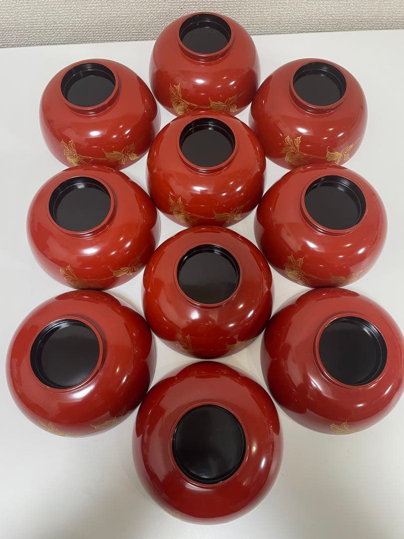 漆器 朱漆 内朱塗 漆器 吸物 懐石椀 煮物椀 10 客 牡丹柄 アンティーク