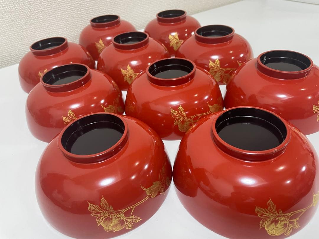 漆器 朱漆 内朱塗 漆器 吸物 懐石椀 煮物椀 10 客 牡丹柄 アンティーク