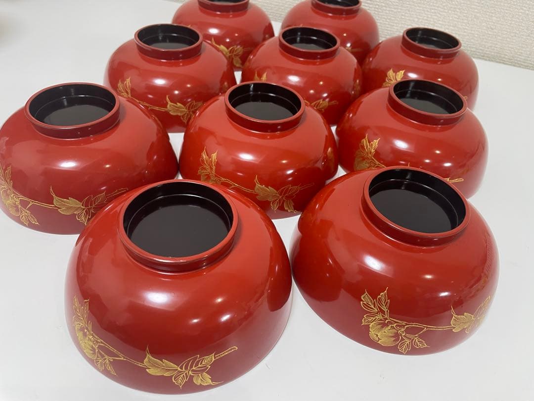 漆器 朱漆 内朱塗 漆器 吸物 懐石椀 煮物椀 10 客 牡丹柄 アンティーク