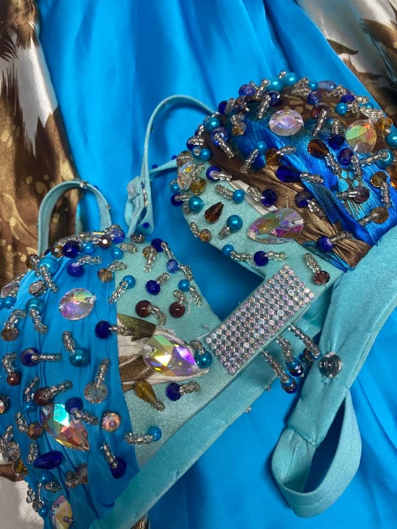 エジプト　ベリーダンス セットアップ 青茶花柄