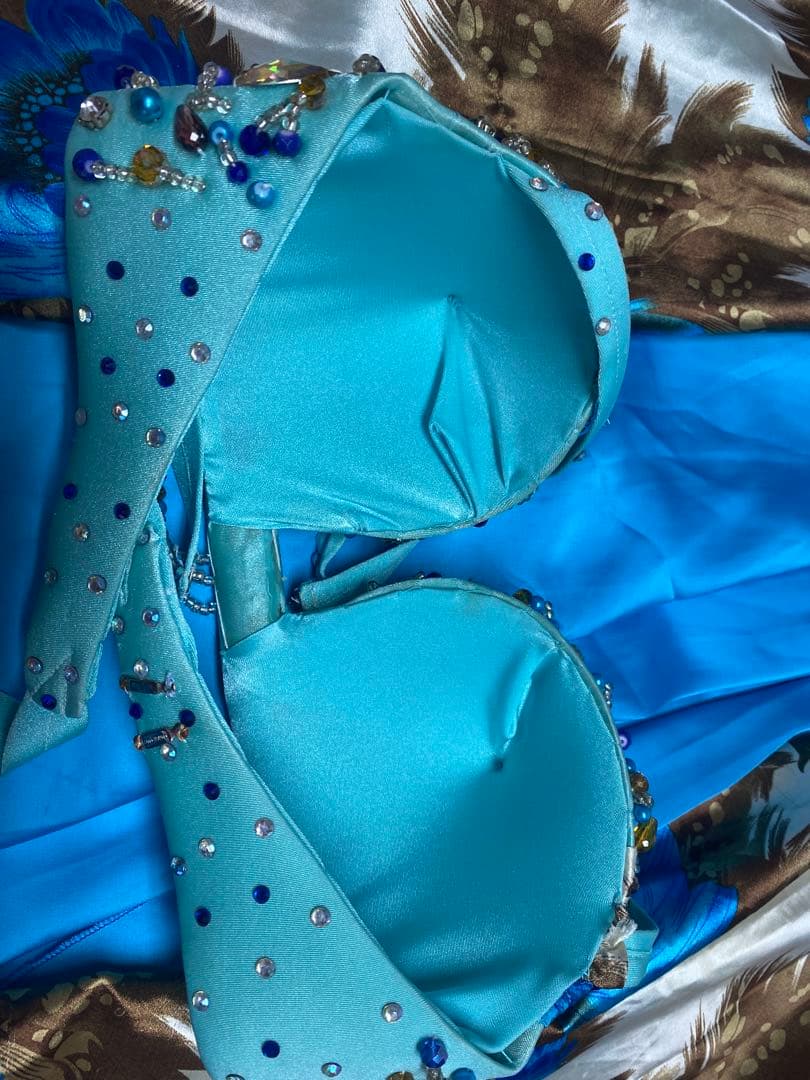 エジプト　ベリーダンス セットアップ 青茶花柄