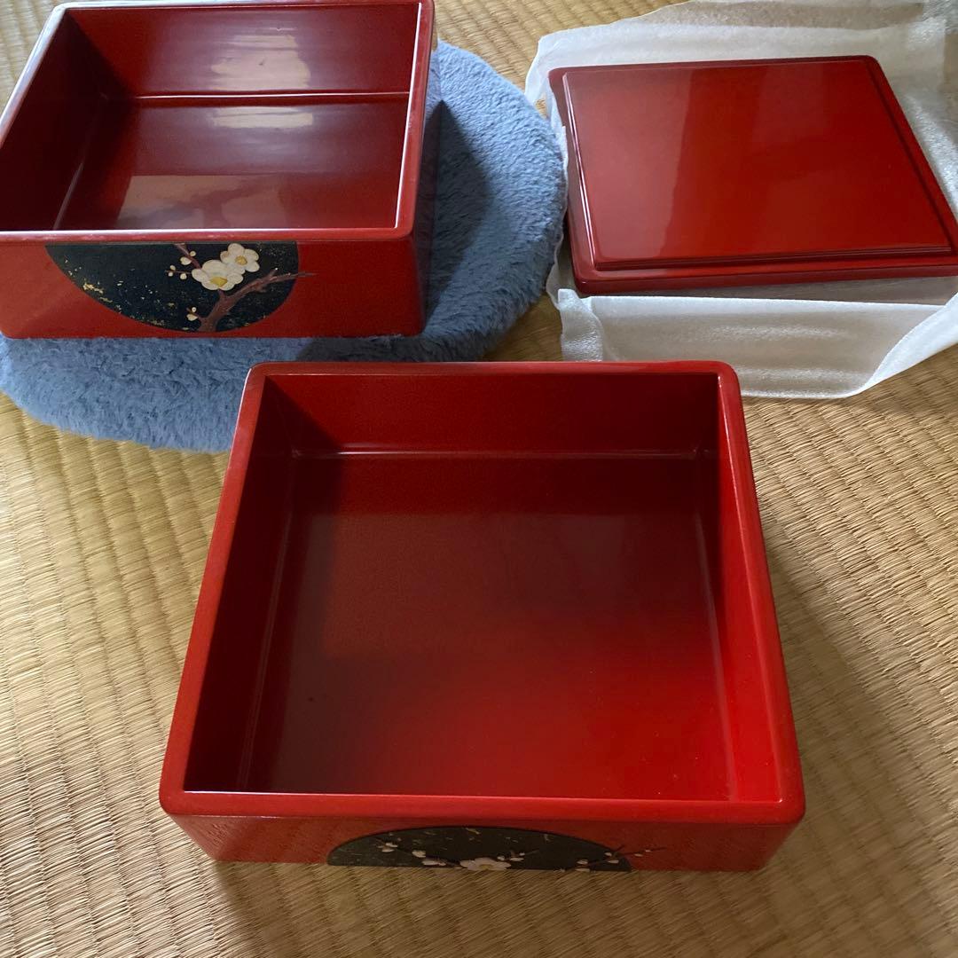 漆器 重箱 赤色 花柄