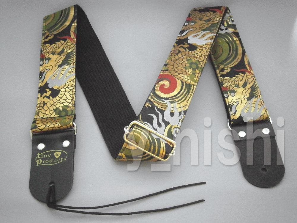 京都 西陣織り 和柄ギターストラップ 火炎龍/黒 金襴生地使用