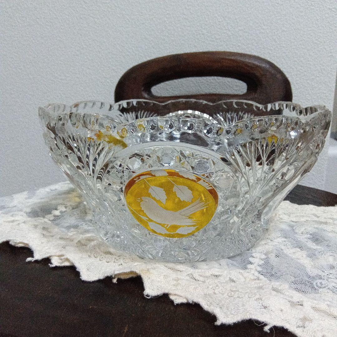 ホフバウワー イエローバードクリスタルガラス ボウル 小鳥アンティーク　西ドイツ