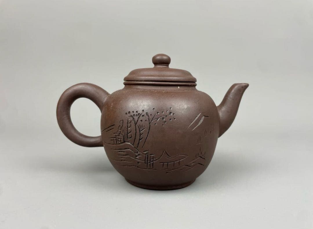 中国美術 朱泥急須 漢詩山水紋刻 後手急須 煎茶道具 紫砂壷 茶器 中國古玩