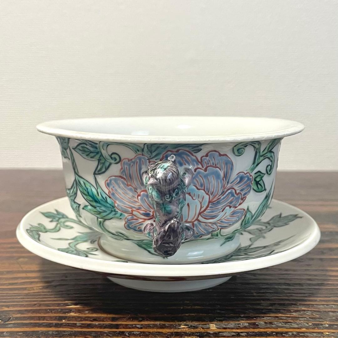 五代 清風与平？ 在銘 色絵 牡丹紋 唐獅子双耳 碗皿 詳細不明