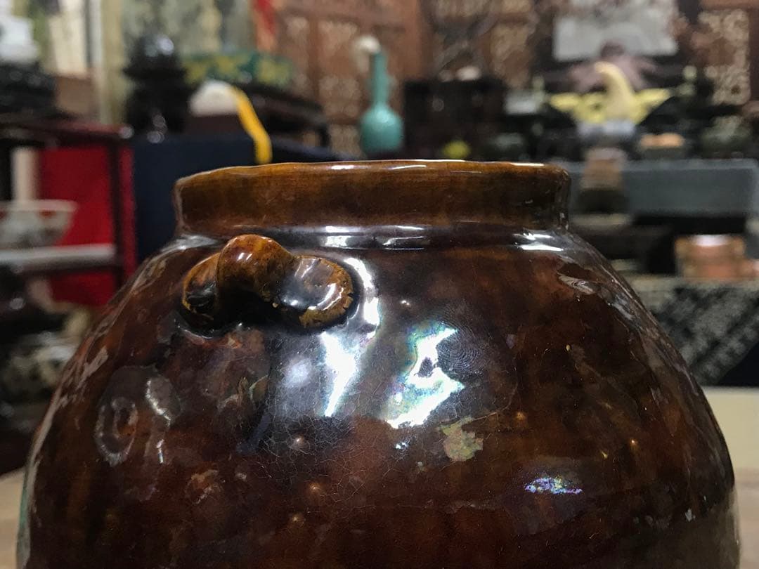 江戸期？骨董　飴釉壺　双耳付き花瓶　在銘　民藝　古民家　茶道具