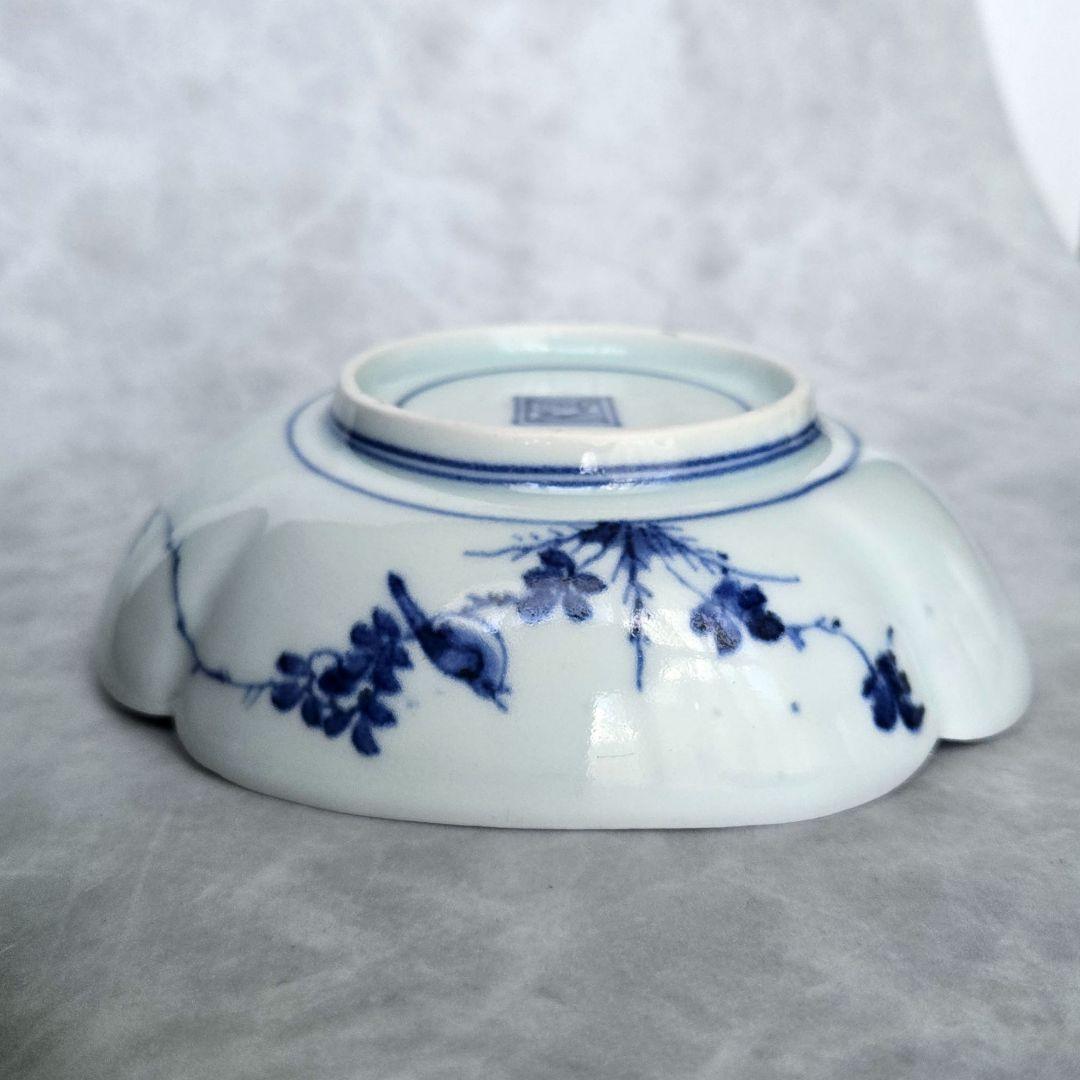 古伊万里　染付　変形皿　江戸時代　五弁花　金直し　金継ぎ　骨董　アンティーク