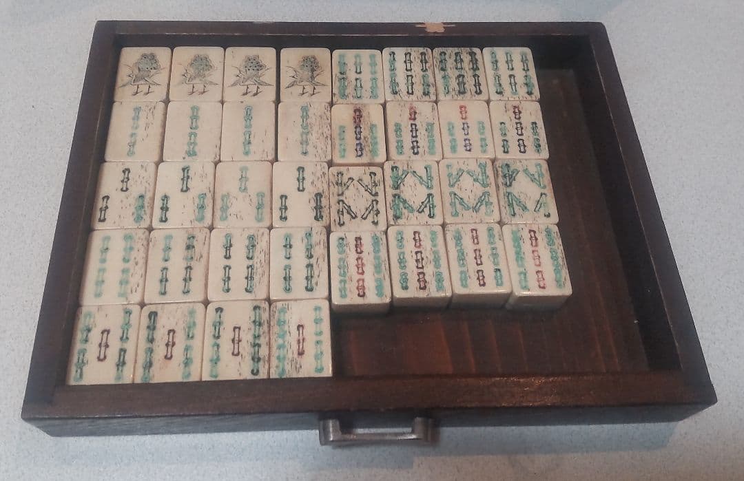 骨竹製 中国アンティーク麻雀牌 木箱付/Antique Bone Mahjong