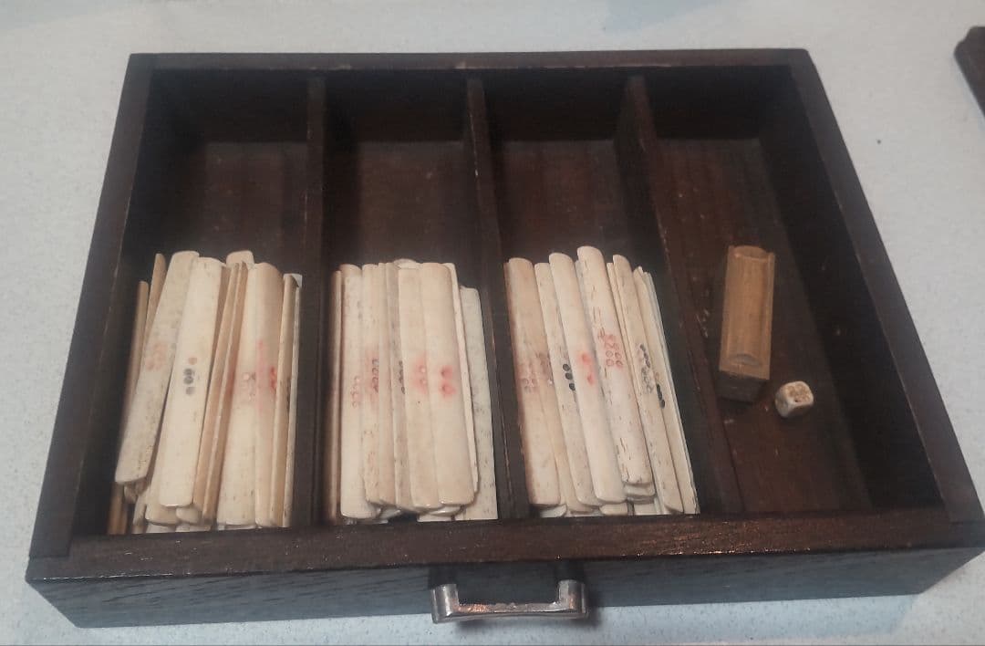 骨竹製 中国アンティーク麻雀牌 木箱付/Antique Bone Mahjong