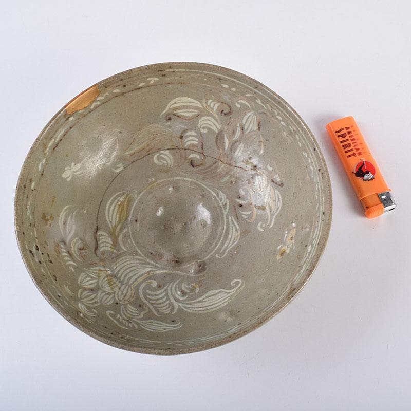 朝鮮美術　李朝　高麗青磁　象嵌花文碗　金継ぎ直し　V　R8968