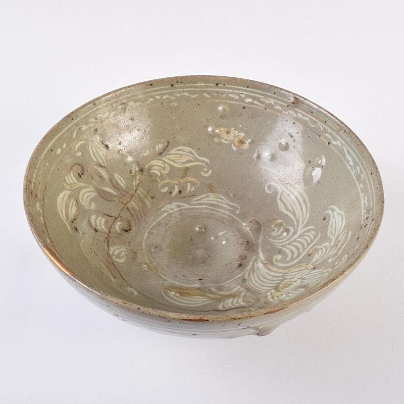 朝鮮美術　李朝　高麗青磁　象嵌花文碗　金継ぎ直し　V　R8968