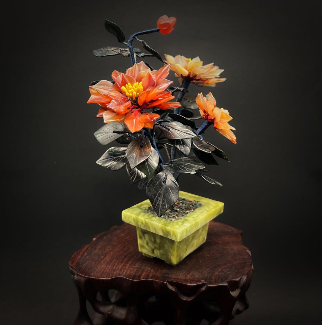 中国美術 古玩 玉石瑪瑙翡翠 彫刻 盆栽置物 開運風水ミニ盆栽