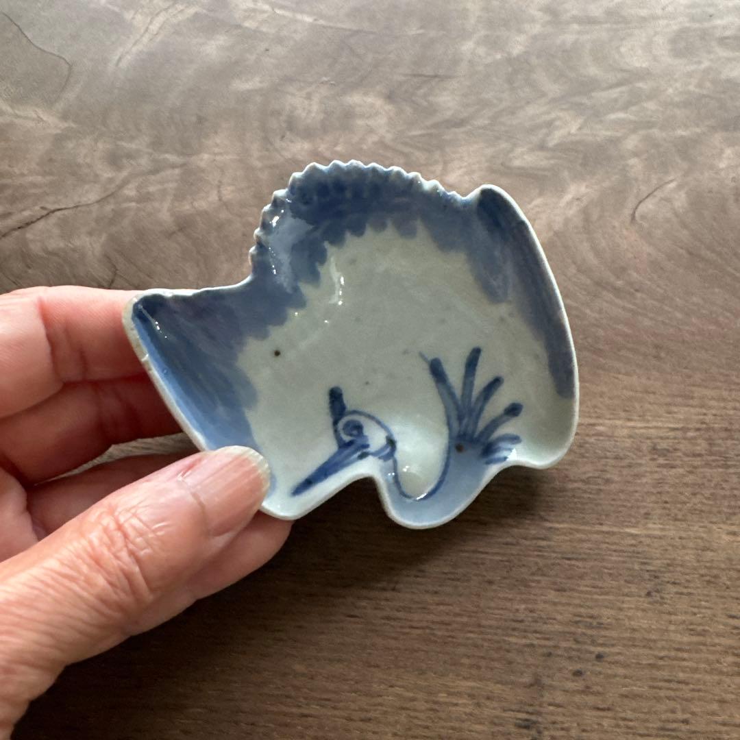 江戸中期　藍九谷　染付鶴形　手塩皿/小皿　変形皿　K338