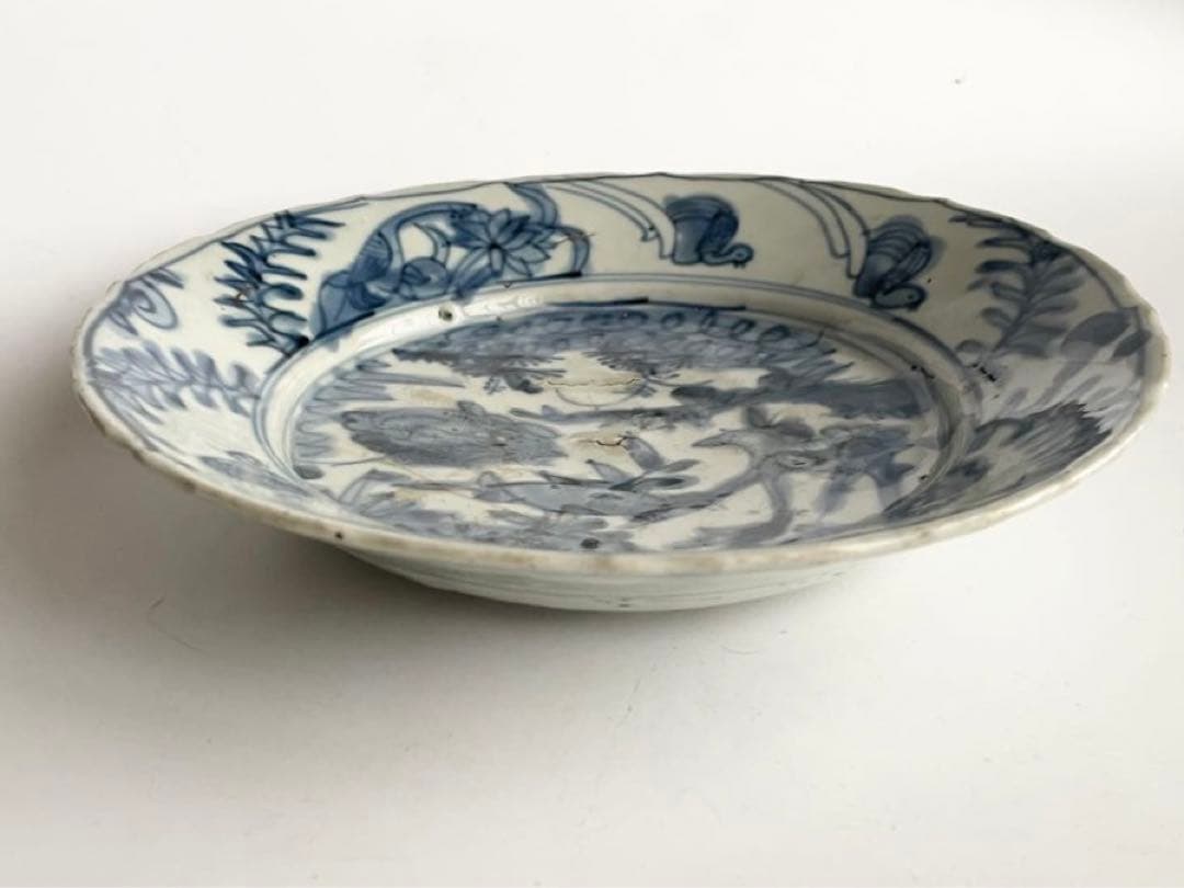 骨董　アンティーク　呉須　染付　鹿花文様　七寸皿　漳州窯　明　呉須手