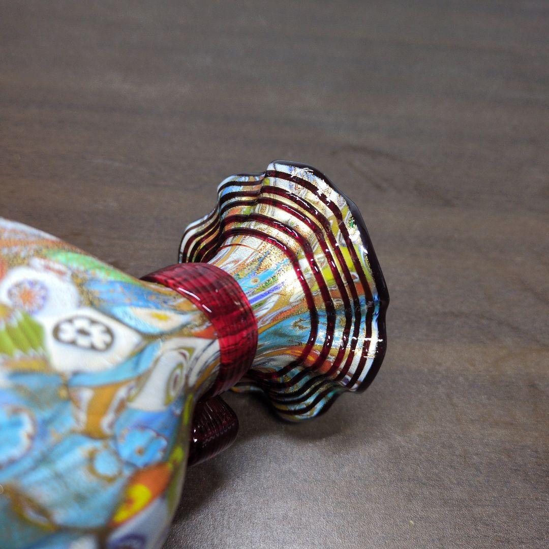 ムラーノ 金彩カラフル ミルフィオリ リボン付き 花瓶 高さ約12cm