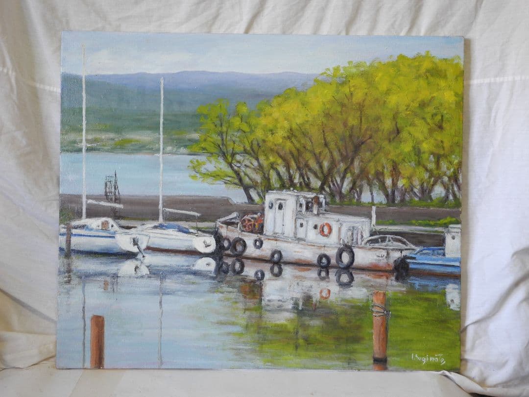 油絵琵琶湖の港