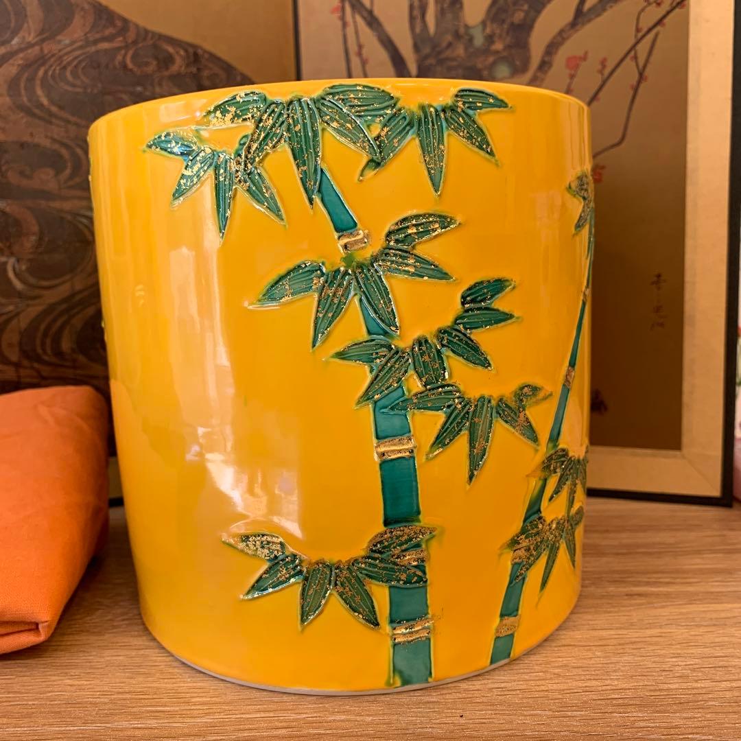 平安　昭阿弥 黄交趾 水指　財運　緑竹　縁起物　置物　共箱アンティーク1客