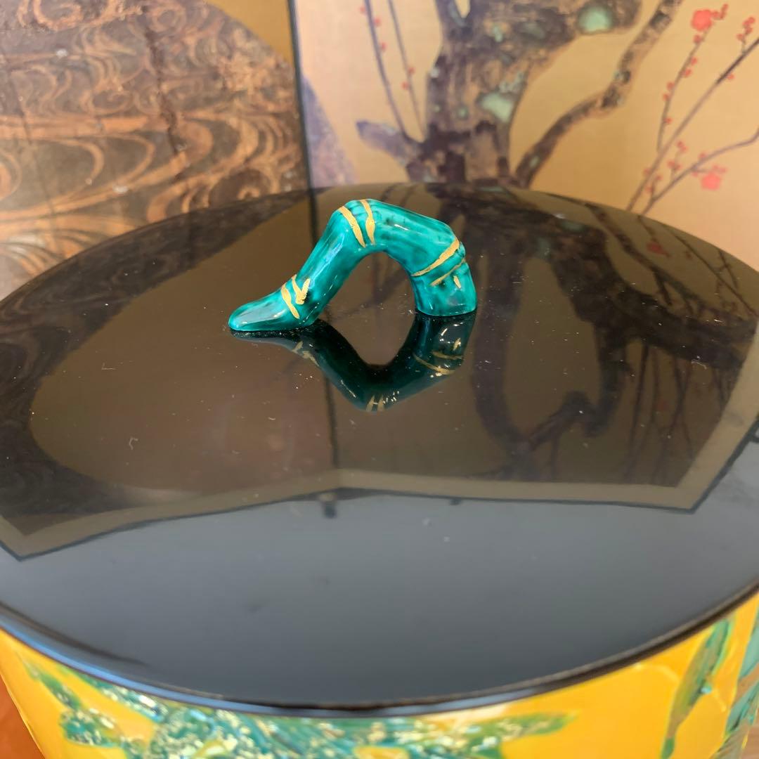 平安　昭阿弥 黄交趾 水指　財運　緑竹　縁起物　置物　共箱アンティーク1客