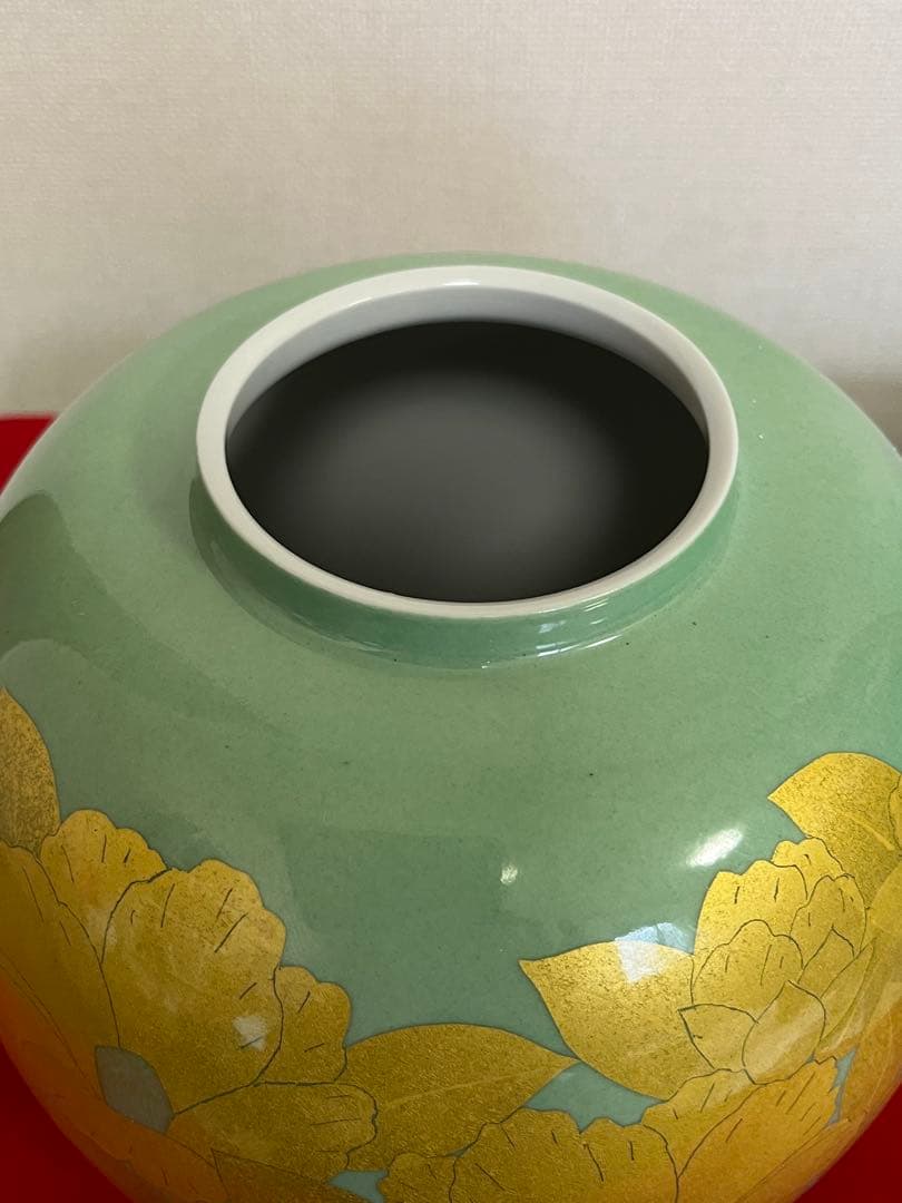 人間国宝 吉田美統 釉裏金彩 椿文 壷 共箱 共布 栞 Y32