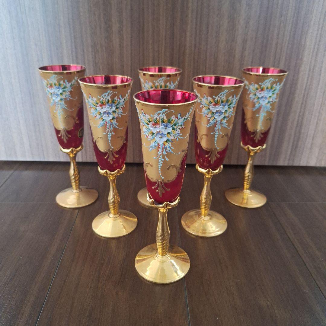 ベネチアングラス　花柄 シャンパングラス 6個セット　ムラノグラス