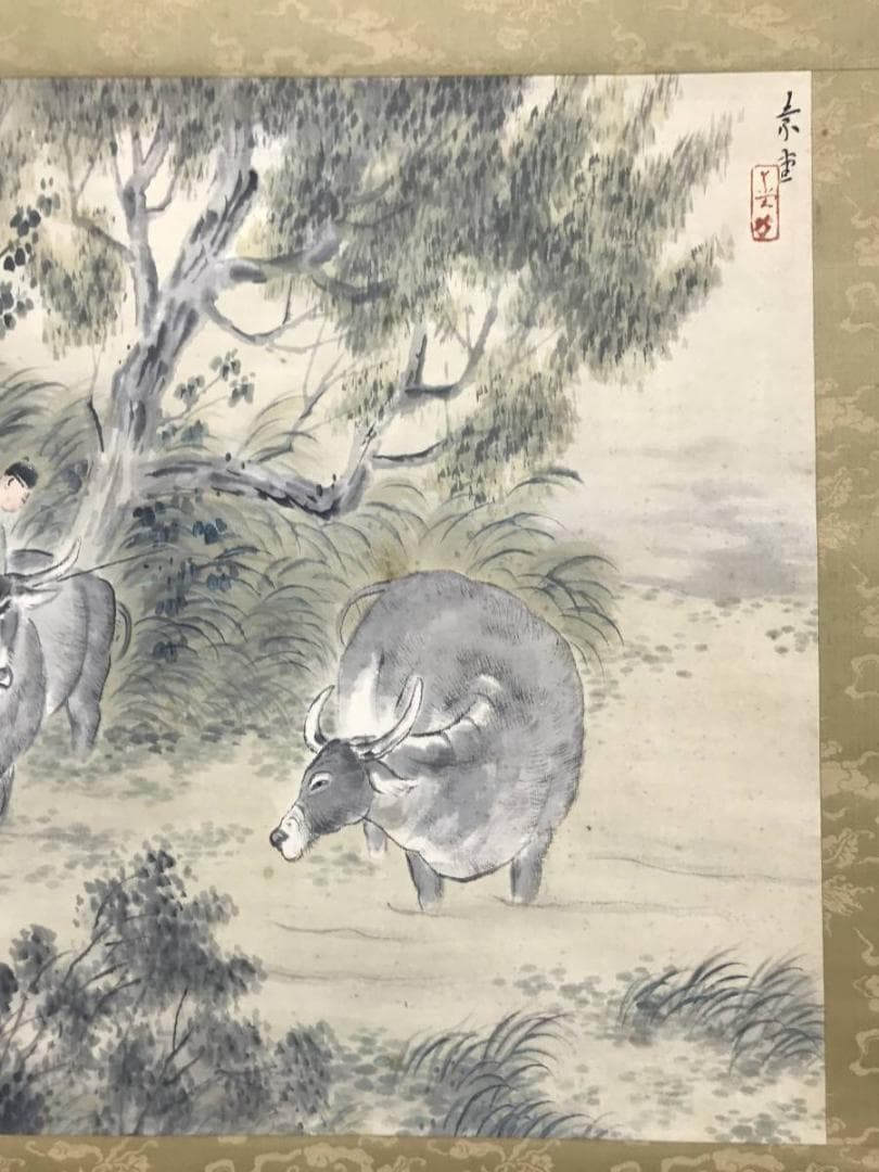 【真作】保間素堂/晩涼帰牧図/牧童図/山水図/横物/掛軸/名家伝来/AC-127