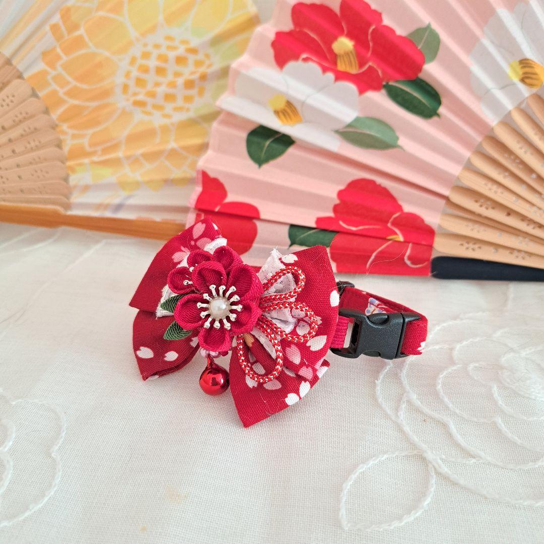 ダブルリボン、和風つまみ細工(赤②)わんちゃん猫ちゃん用首輪