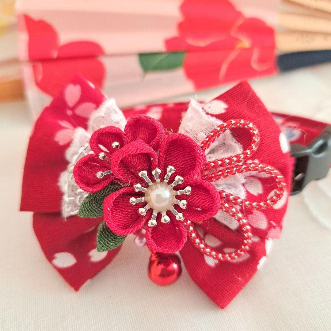 ダブルリボン、和風つまみ細工(赤②)わんちゃん猫ちゃん用首輪