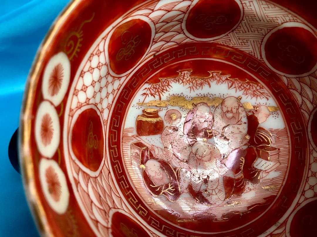 再値下げ★九谷焼　骨董　赤絵金彩☆竹林七賢人☆茶碗　絵付☆希少 品