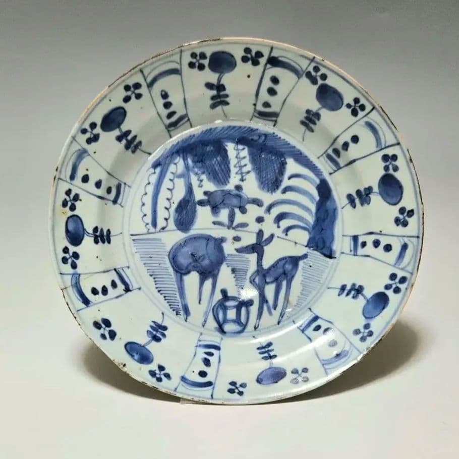 24-1217 古染付 芙蓉手霊獣図 6.3寸皿 明染付