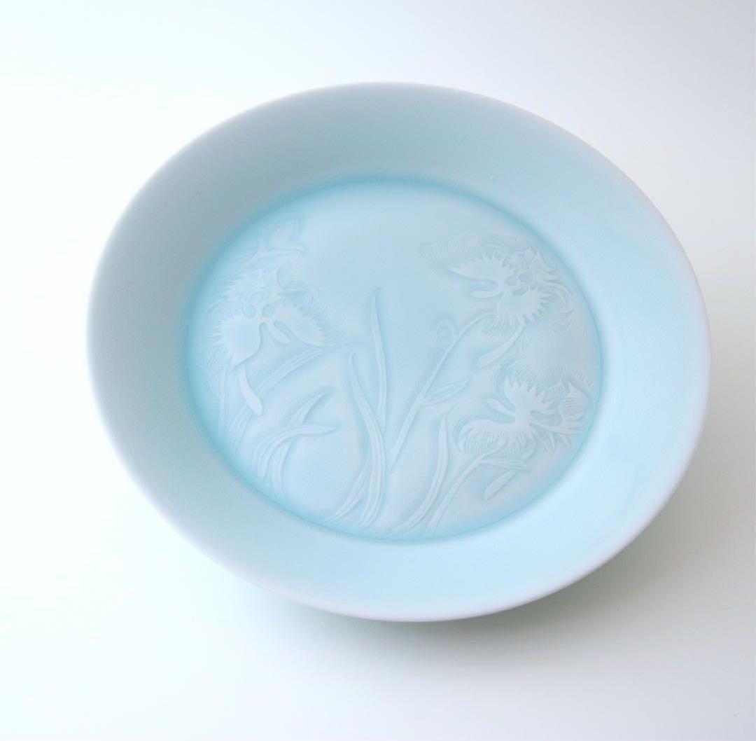 快山窯　塚本快示 青白磁鷺草文皿　共箱付　陶磁器　木箱付 飾り皿 花 鷺草