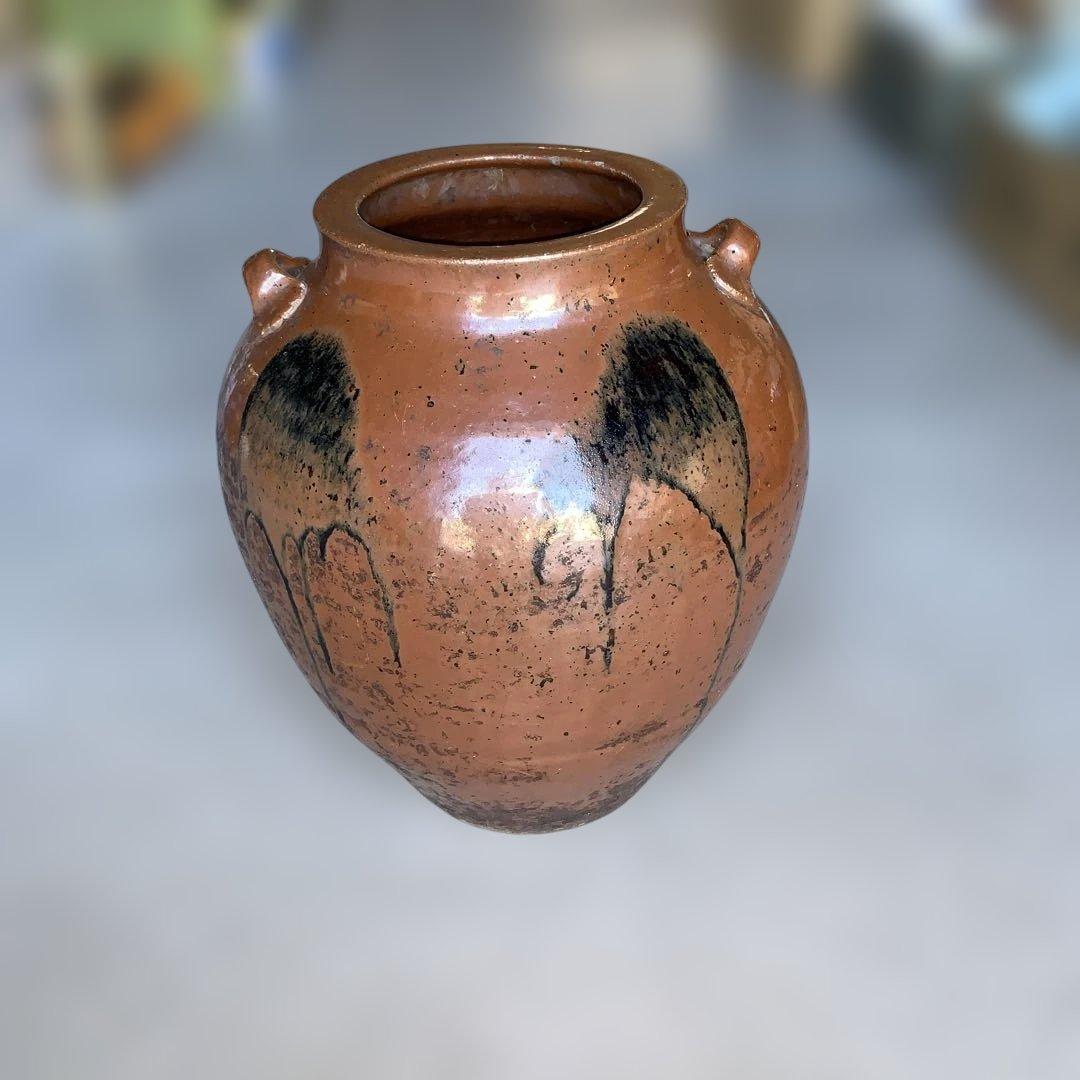 茶色の陶器製，百年灰釉双耳壺 特大32.6㎝ 日本古陶 古美術品 旧家収蔵品