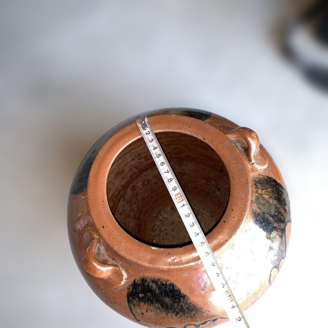 茶色の陶器製，百年灰釉双耳壺 特大32.6㎝ 日本古陶 古美術品 旧家収蔵品