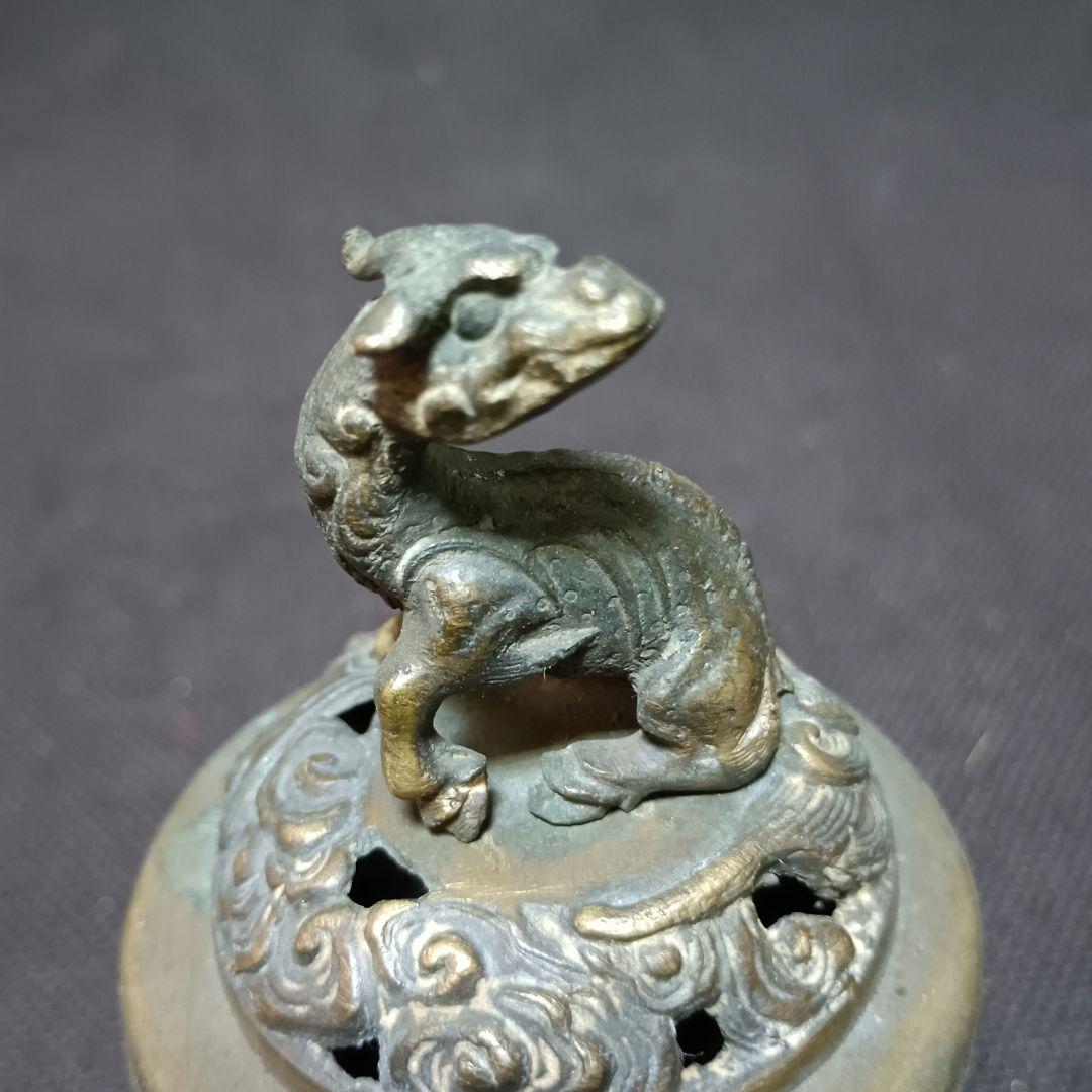 香炉　麒麟の彫刻　円筒型　古銅　金工　:アンティーク　骨董　ア17