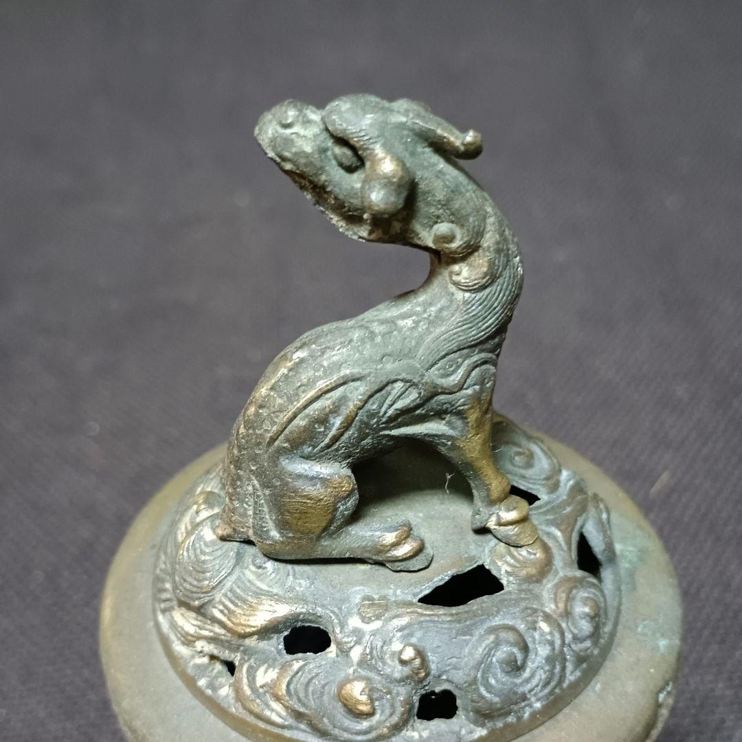 香炉　麒麟の彫刻　円筒型　古銅　金工　:アンティーク　骨董　ア17