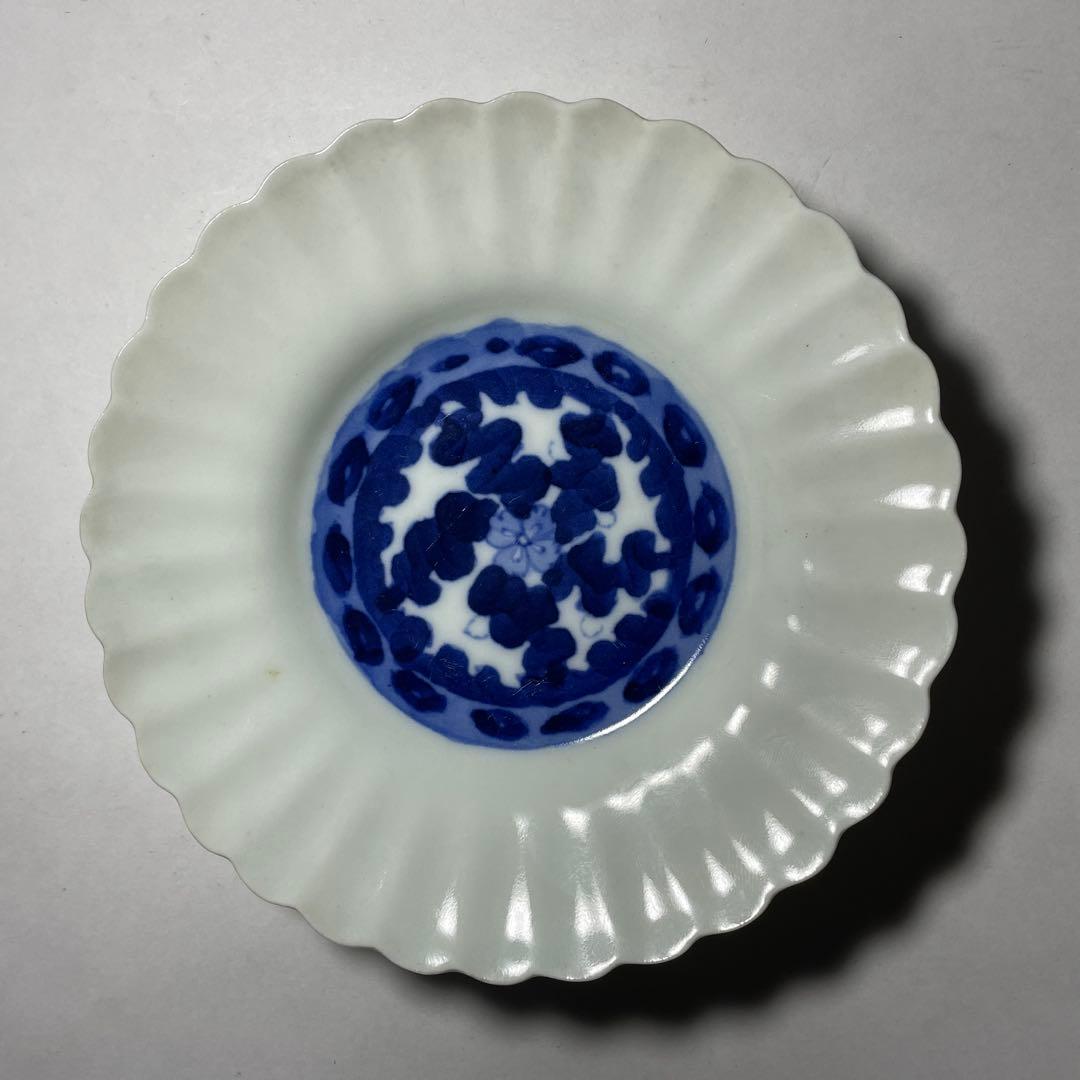 ◆染付菊形輪花皿5枚 花文 中皿 旧家蔵出し品 美品 江戸幕末期〜明治初期◆