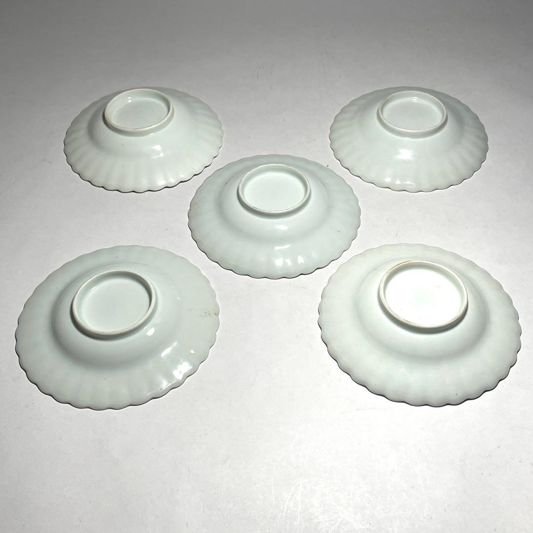 ◆染付菊形輪花皿5枚 花文 中皿 旧家蔵出し品 美品 江戸幕末期〜明治初期◆
