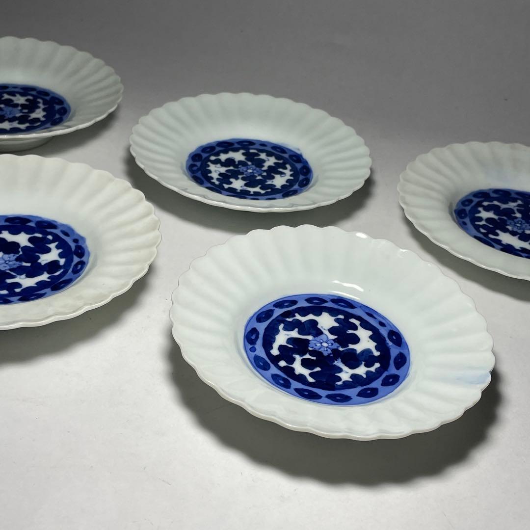 ◆染付菊形輪花皿5枚 花文 中皿 旧家蔵出し品 美品 江戸幕末期〜明治初期◆