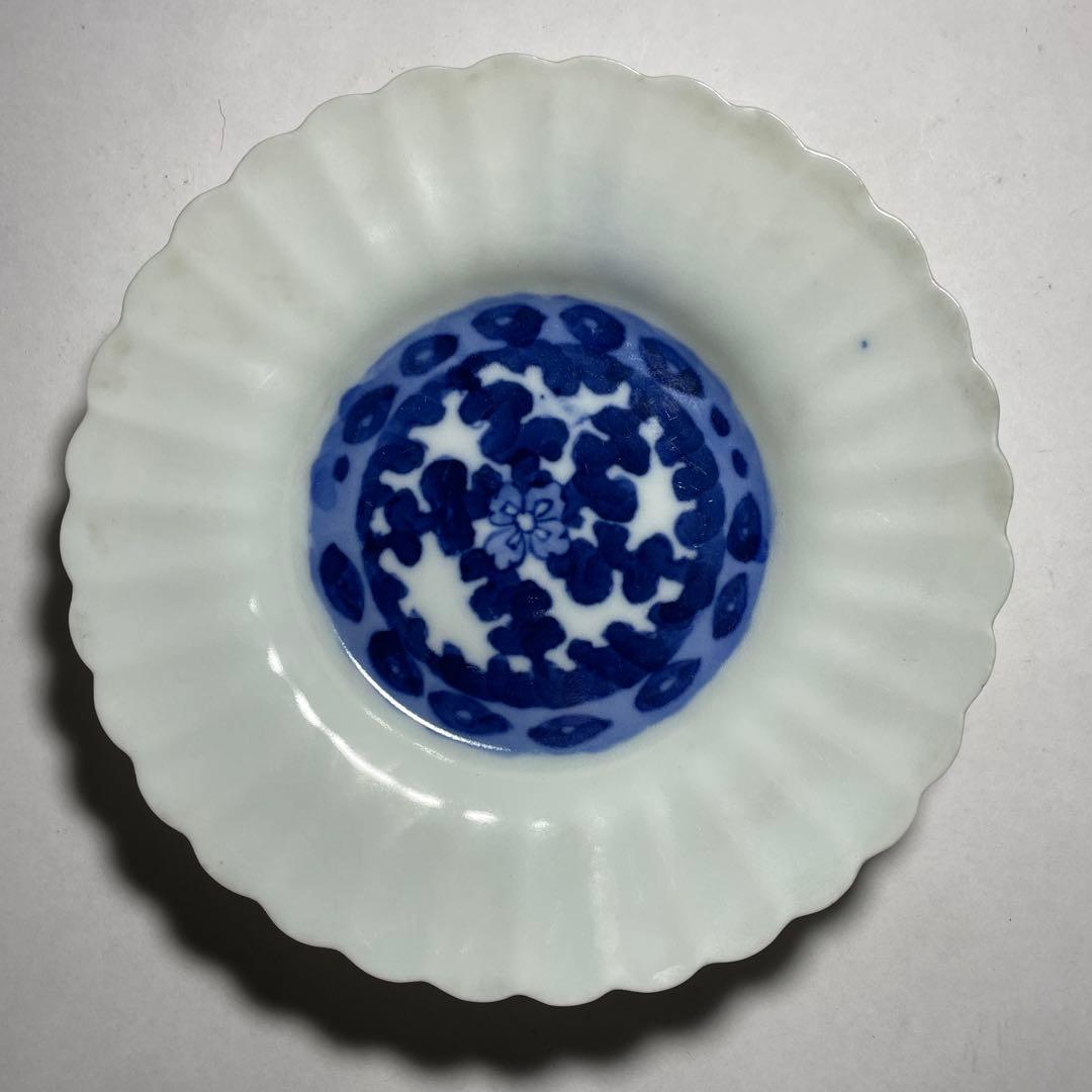 ◆染付菊形輪花皿5枚 花文 中皿 旧家蔵出し品 美品 江戸幕末期〜明治初期◆