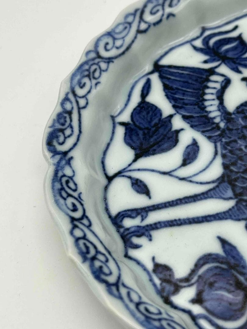 元時代　染付青花牡丹鳳凰花鳥文洗　輪花盤　古染付皿　唐物(A-79)