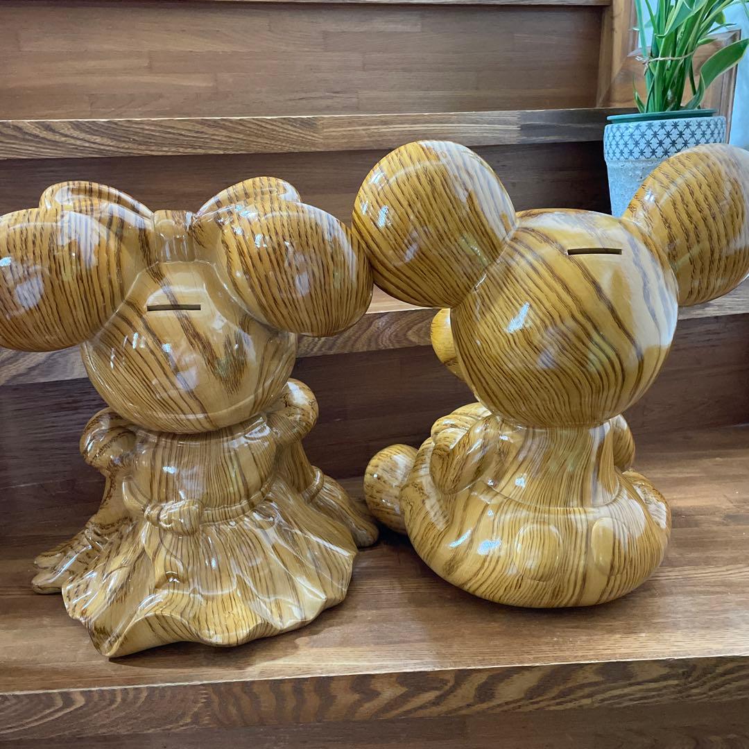 ディズニー　ミッキー　ミニー　木目調　貯金箱　置物