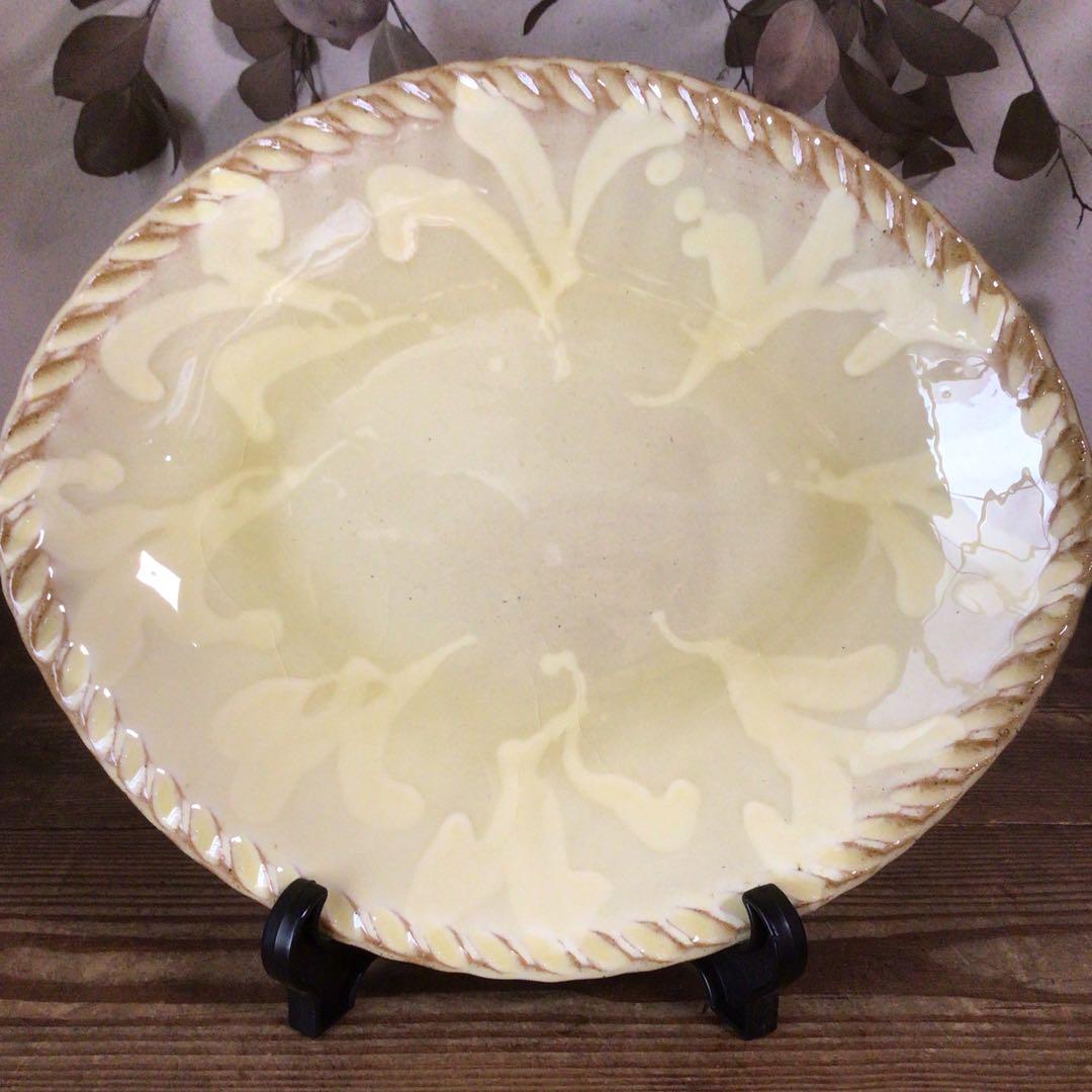 No3842 船木伸児　淡黄釉楕円鉢　共箱　布志名舩木窯　島根県　民藝　送料無料