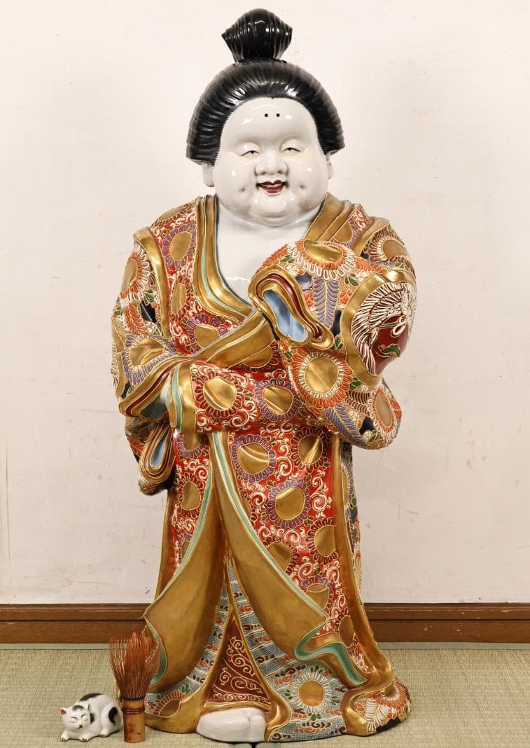 九谷焼 八幡窯 色絵金彩龍図　お多福 像　お福　置物　高さ約77cm　BK67