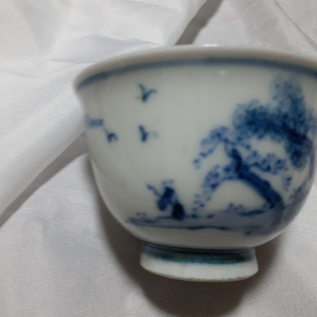 青い絵柄の白磁茶碗有田焼古伊万里染付 猪口