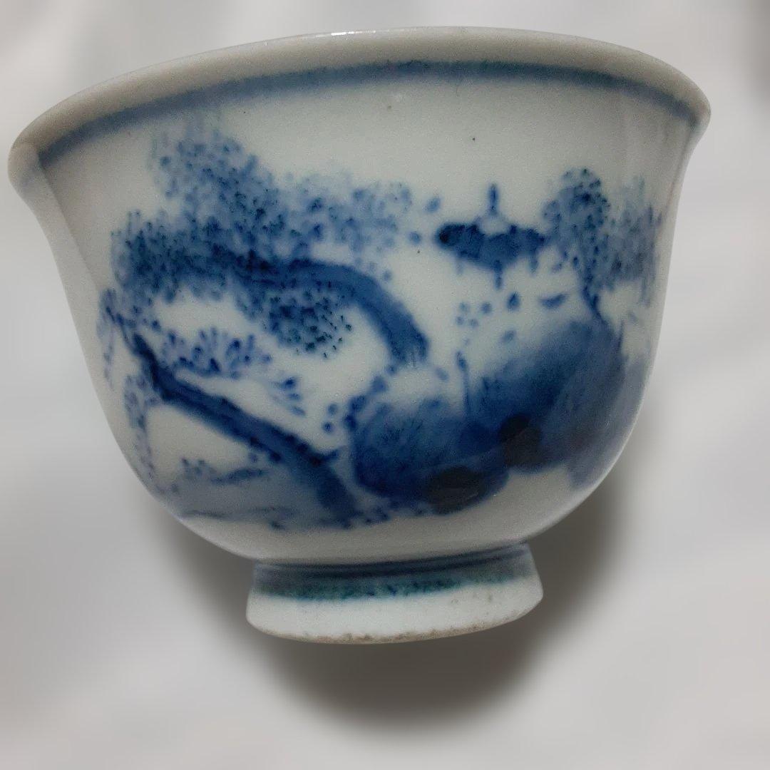 青い絵柄の白磁茶碗有田焼古伊万里染付 猪口
