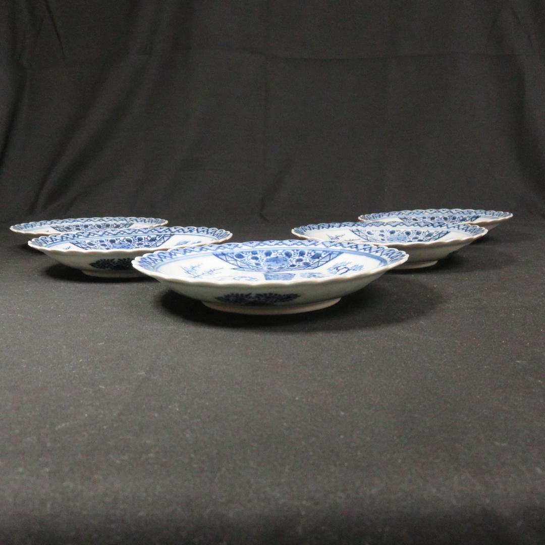 小皿 5枚 松 梅 変わり縁 輪花 印判 染付 明治 大正