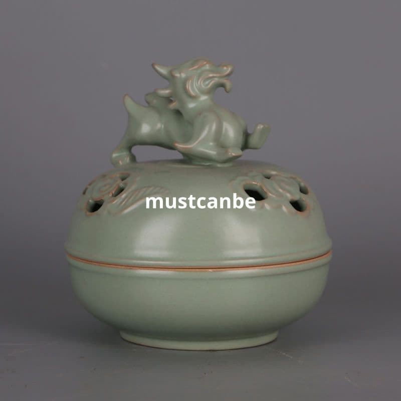 青釉透かし彫龍紋香炉 香道具 仏具 陶磁器 工芸品 置物