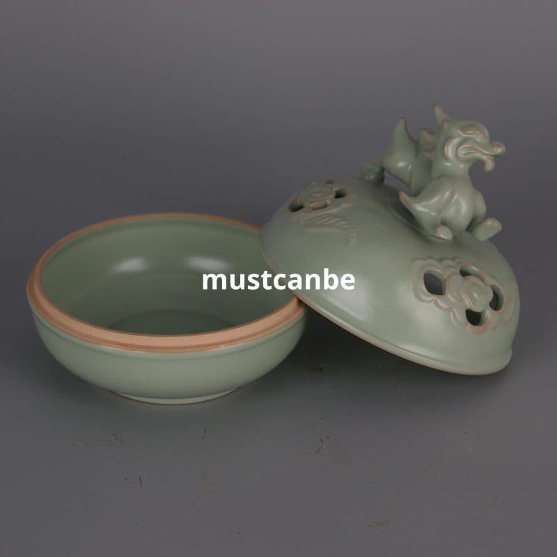 青釉透かし彫龍紋香炉 香道具 仏具 陶磁器 工芸品 置物