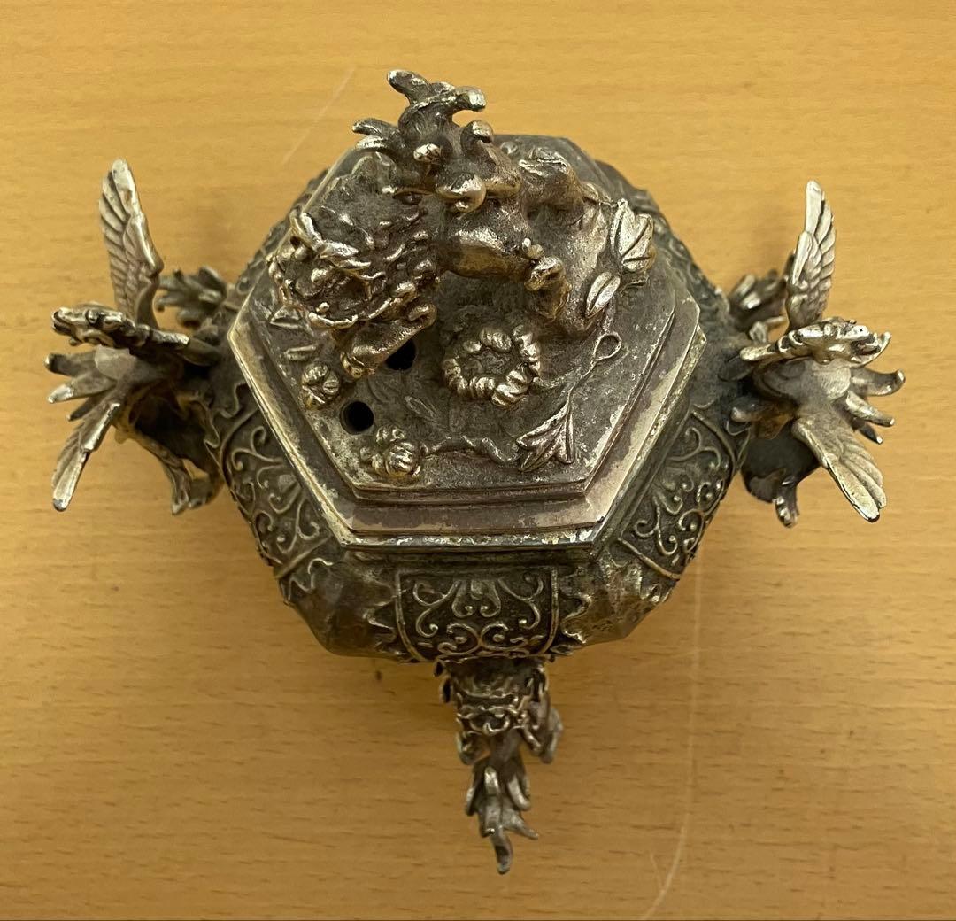 【香炉】六角形の香炉　元成作　獅子飾り付蓋　鳳凰耳飾　獅子三足